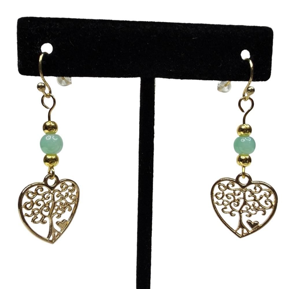 18K Gold Hook Tree of Life Heart Dangle Earrings with Green Beads Jewelry